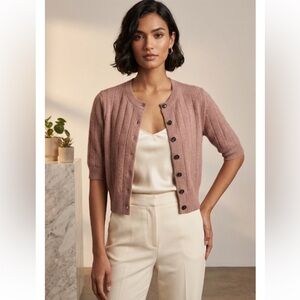 Free People 100% Cashmere Cropped Cardigan 3/4 Sleeve Tan Beige Pointelle XS